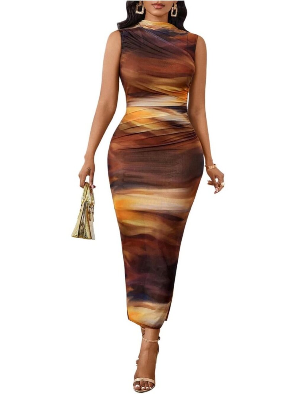 Chic Printed Mock Neck Bodycon Maxi Dress - Sleeveless Mesh Long Party Dress